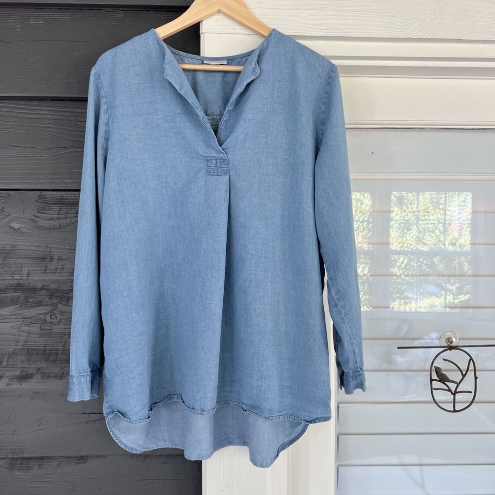 J Jill Denim Tencel Tunic Top XL Blue Split V-Neck Pullover LS Lagenlook
